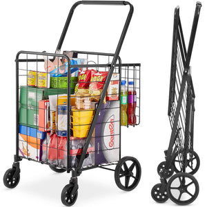 VEVOR Folding Shopping Cart – Jumbo Double Basket Utility Cart with 360° Swivel Wheels, 110 lbs Capacity for Grocery, Laundry & Travel