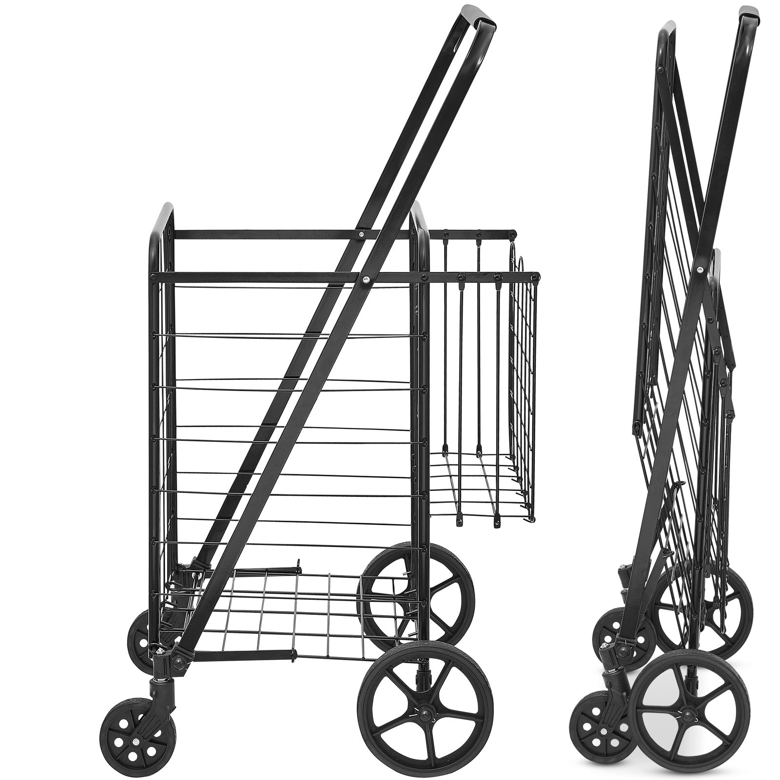 VEVOR Folding Shopping Cart – Jumbo Double Basket Utility Cart with 360° Swivel Wheels, 110 lbs Capacity for Grocery, Laundry & Travel