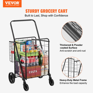 VEVOR Folding Shopping Cart – Jumbo Double Basket Utility Cart with 360° Swivel Wheels, 110 lbs Capacity for Grocery, Laundry & Travel