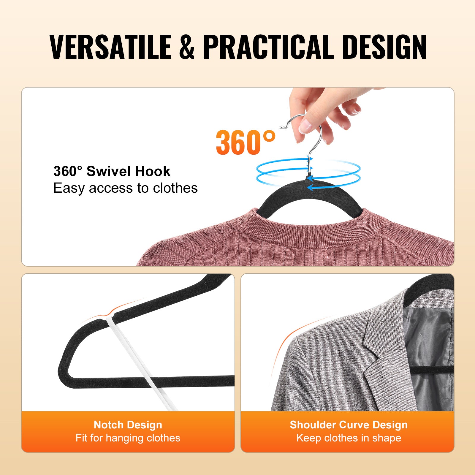 VEVOR Velvet Hangers 50 Pack – Black Non-Slip Clothes Hangers with 360° Swivel Hook, Slim Space-Saving Design