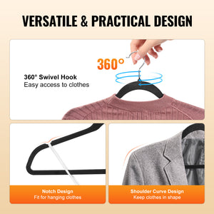 VEVOR Velvet Hangers 50 Pack – Black Non-Slip Clothes Hangers with 360° Swivel Hook, Slim Space-Saving Design