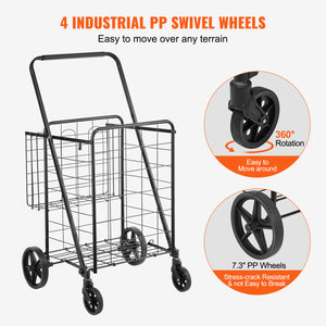 VEVOR Folding Shopping Cart – Jumbo Double Basket Utility Cart with 360° Swivel Wheels, 110 lbs Capacity for Grocery, Laundry & Travel