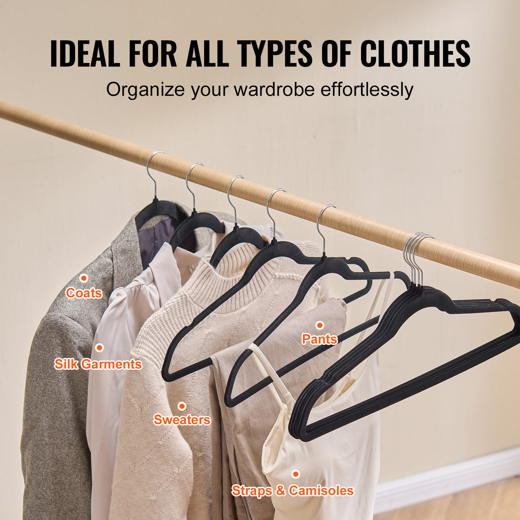 VEVOR Velvet Hangers 50 Pack – Black Non-Slip Clothes Hangers with 360° Swivel Hook, Slim Space-Saving Design