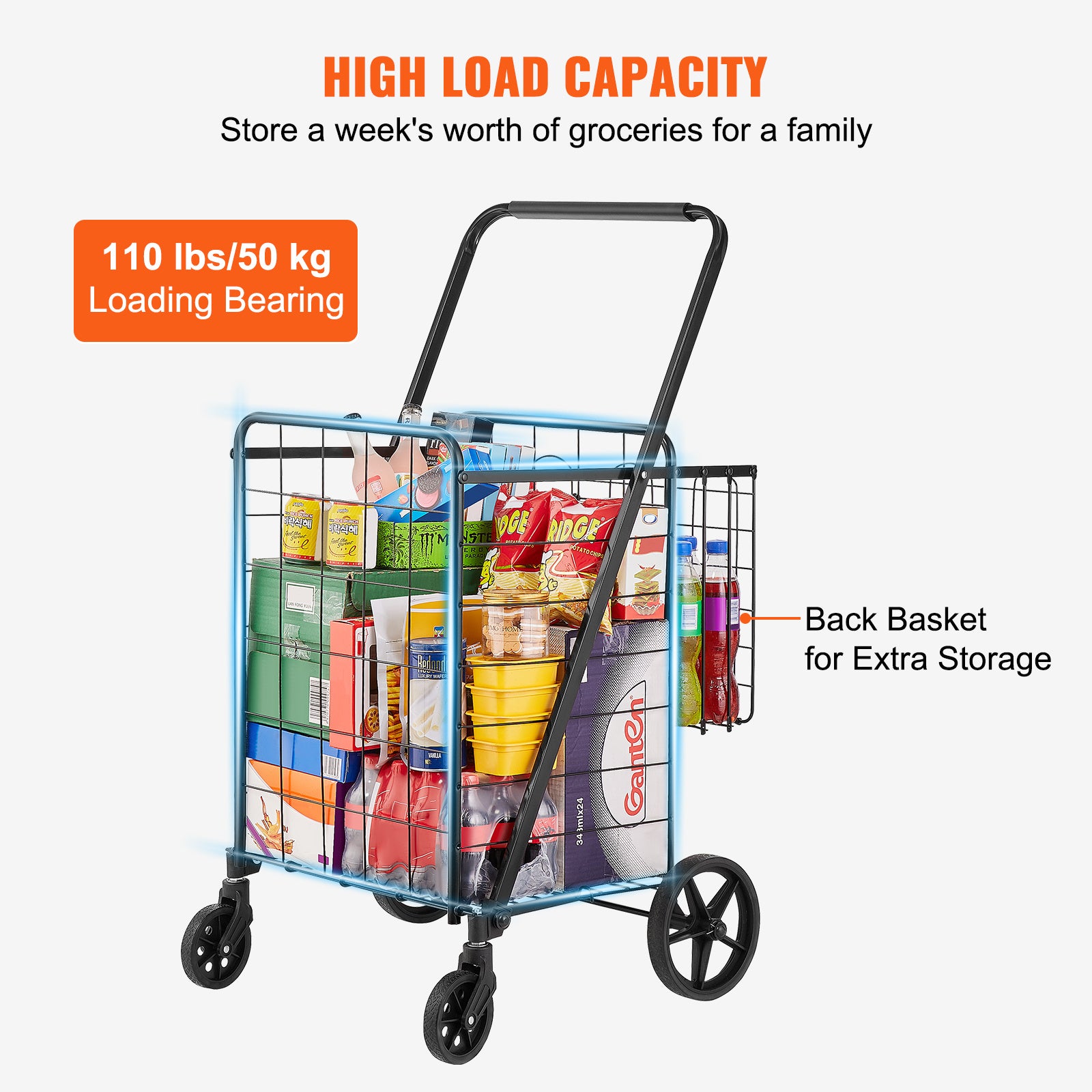 VEVOR Folding Shopping Cart – Jumbo Double Basket Utility Cart with 360° Swivel Wheels, 110 lbs Capacity for Grocery, Laundry & Travel